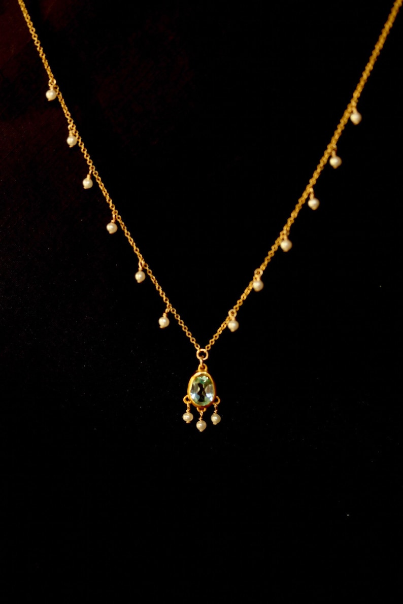 Blue Topaz Victorian Necklace With Seed Pearls
