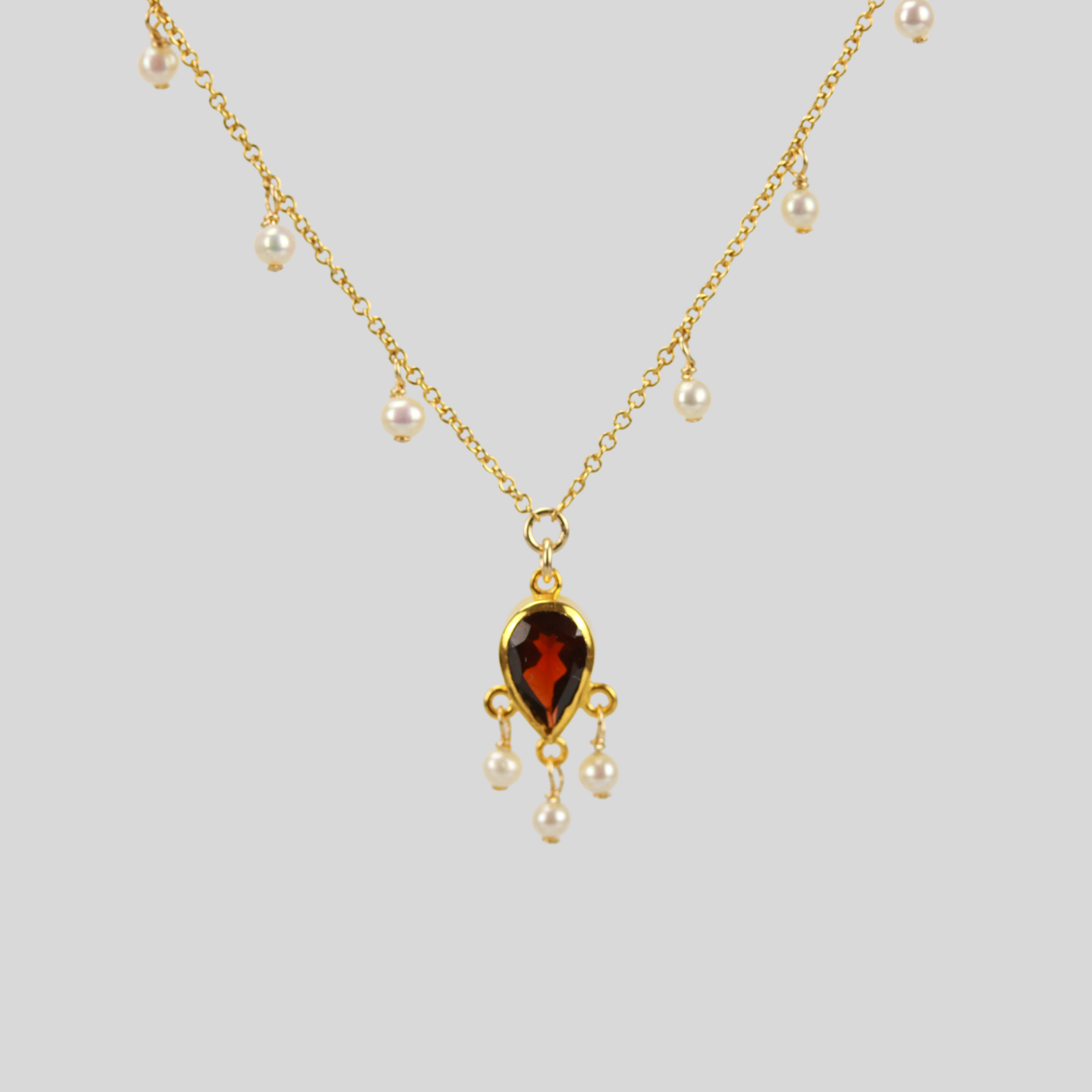 Garnet Teardrop Necklace with Seed Pearls
