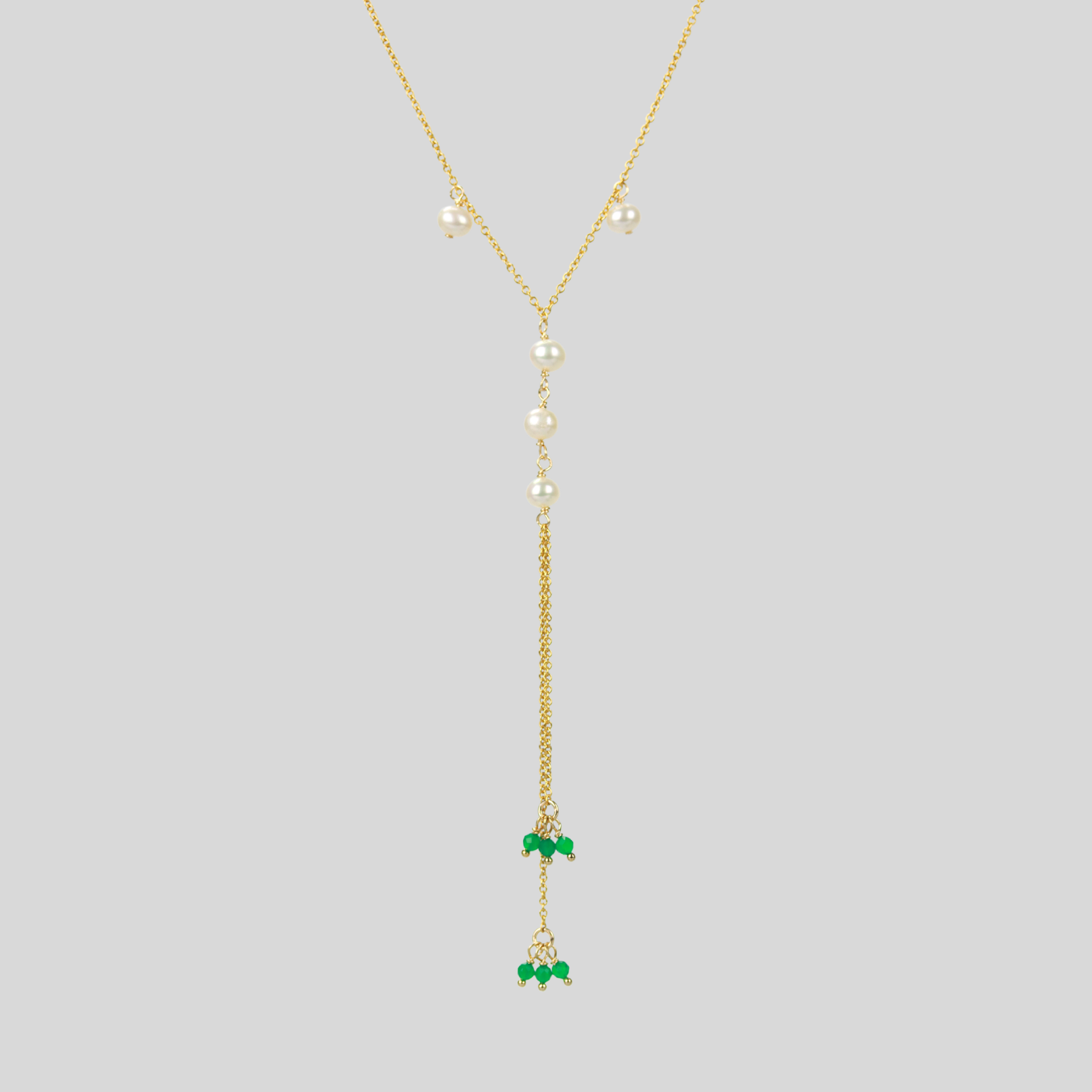 Floating pearls lariat with green onyx stones
