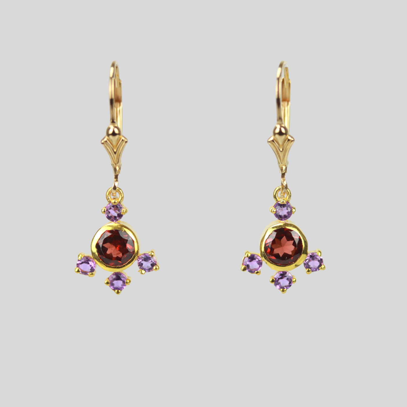 Multi gemstone chandelier earrings in garnet and amethyst