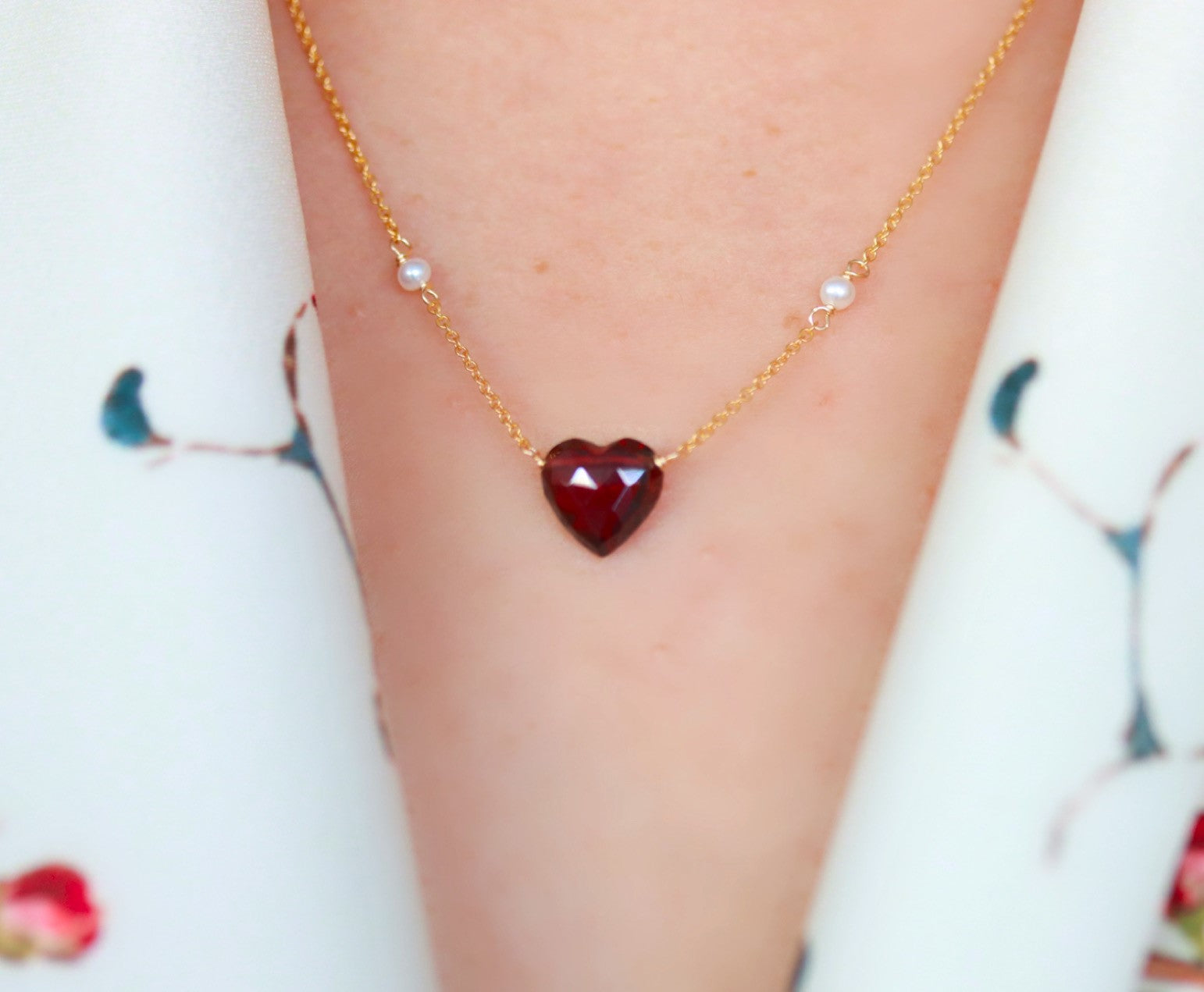Garnet heart necklace with seed pearls