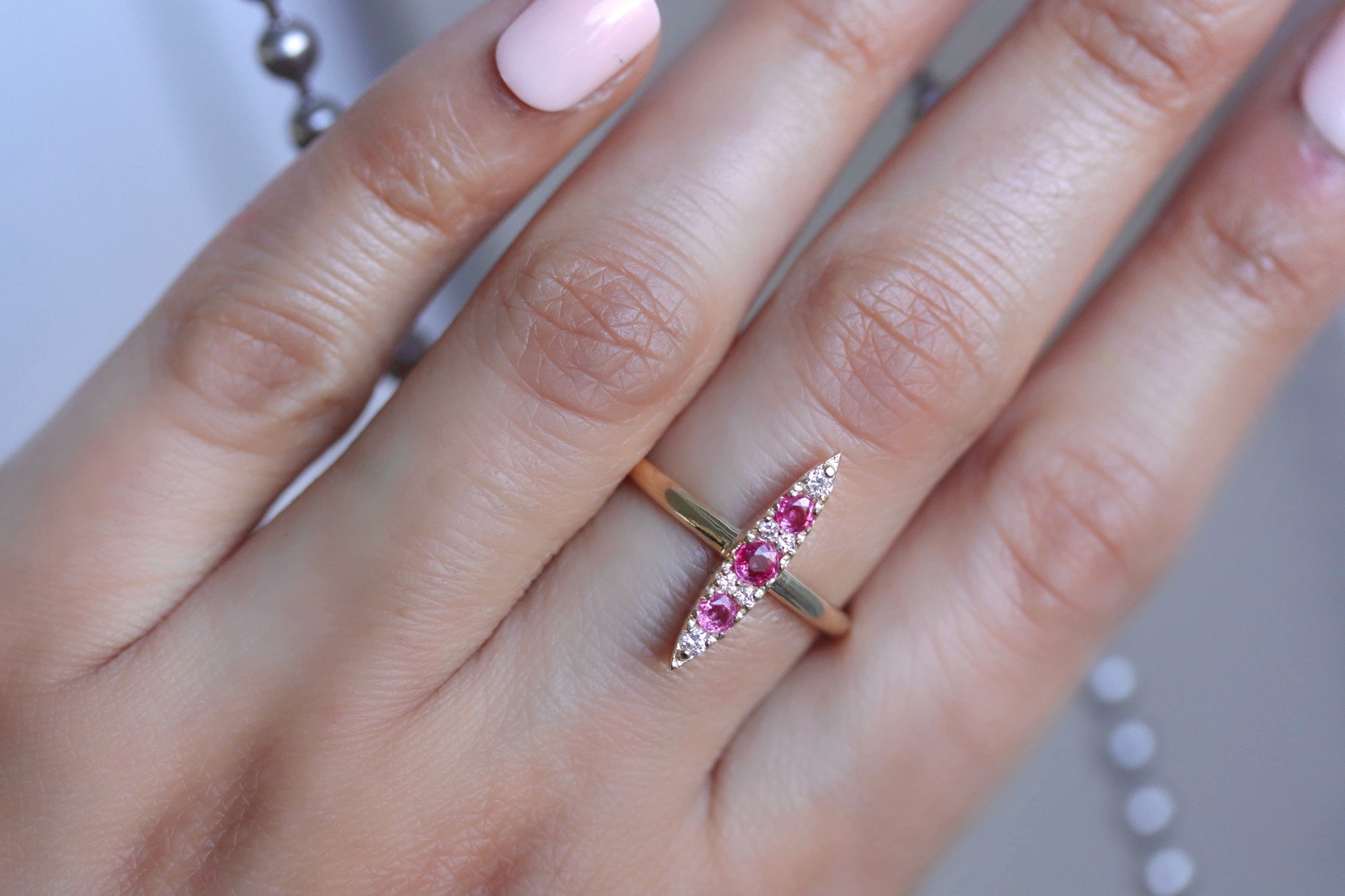 Solid 14k sleek navette ring in Ruby and Diamond