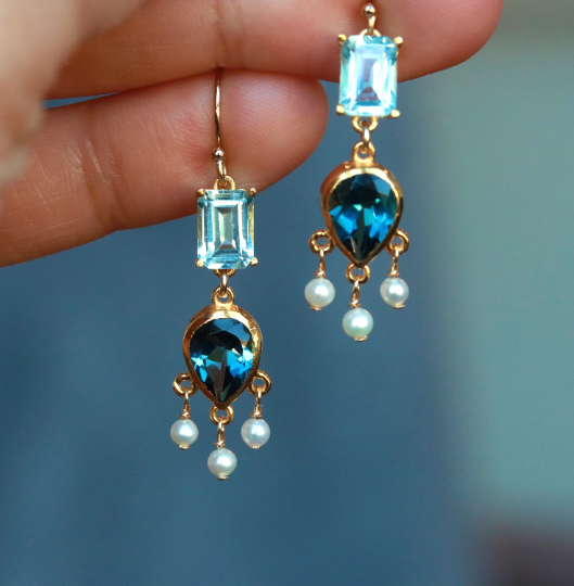 London topaz and emerald cut blue topaz chandelier earrings