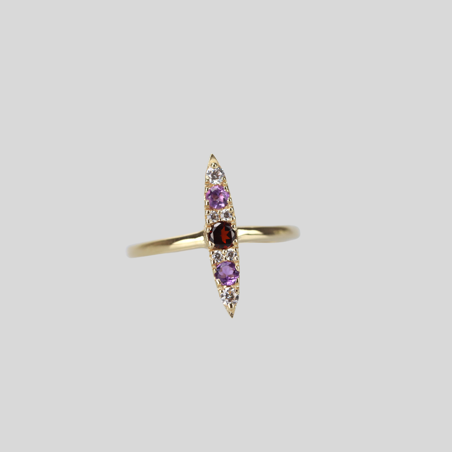 Solid 14k gold sleek navette ring with garnet and amethyst
