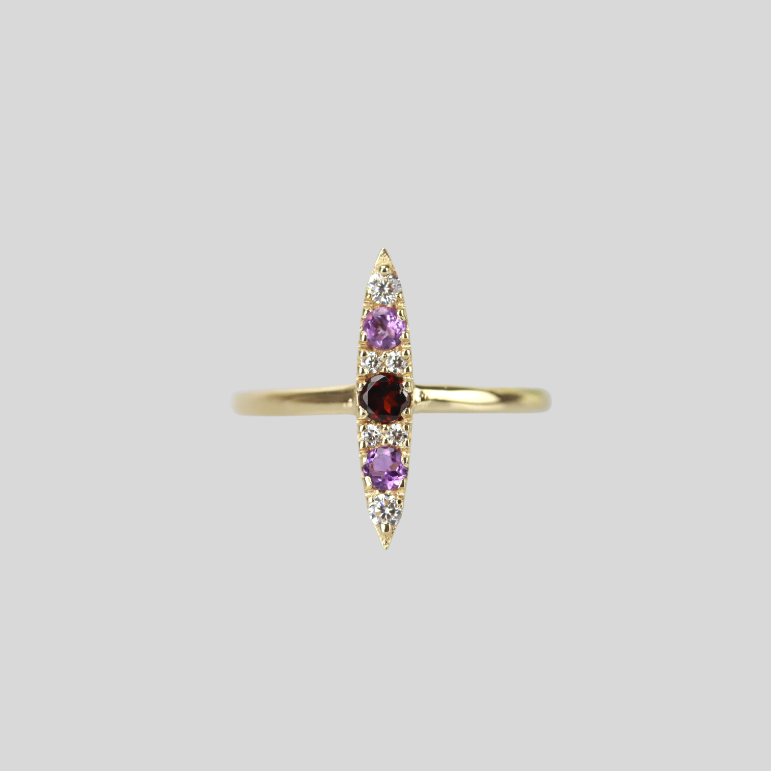 Solid 14k gold sleek navette ring with garnet and amethyst