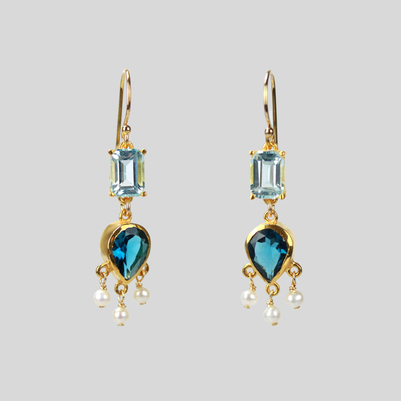 London topaz and emerald cut blue topaz chandelier earrings