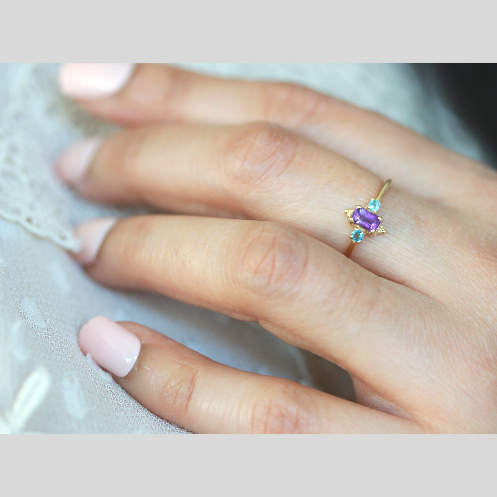 Solid 14k gold emerald cut amethyst and blue topaz ring