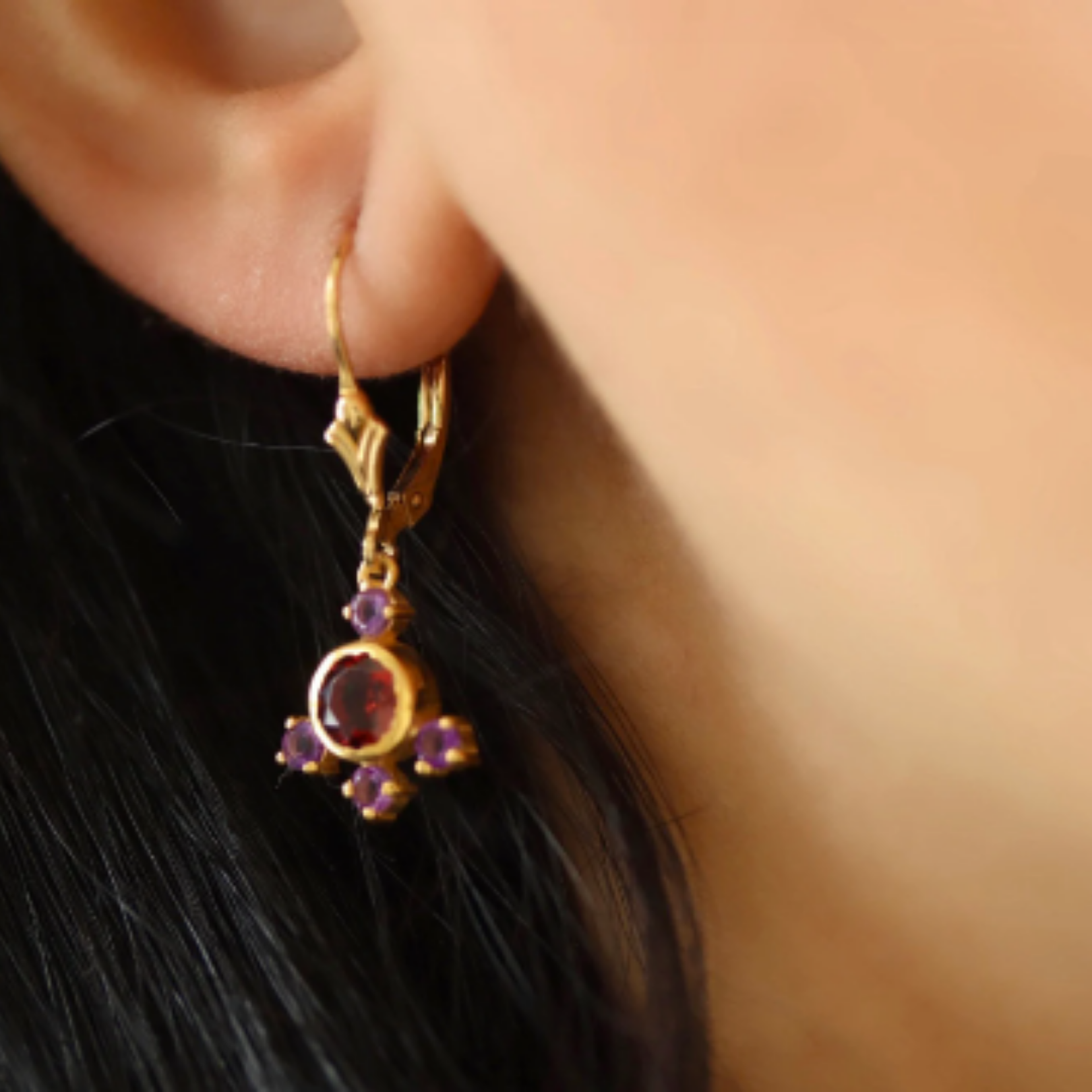 Multi gemstone chandelier earrings in garnet and amethyst