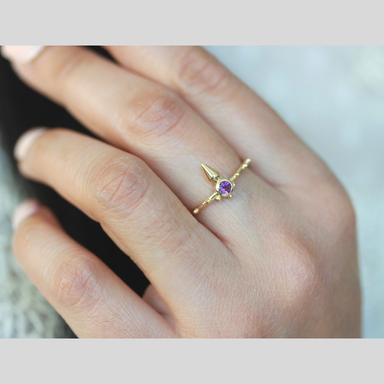 Solid 14k gold temple tower ring in amethyst