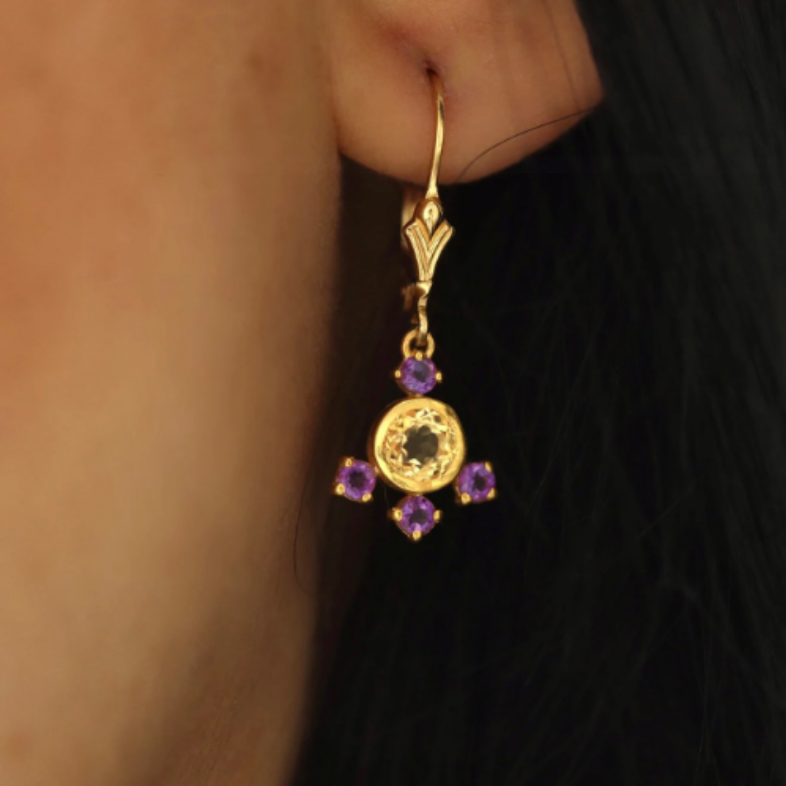Multi gemstone earrings in citrine and amethyst