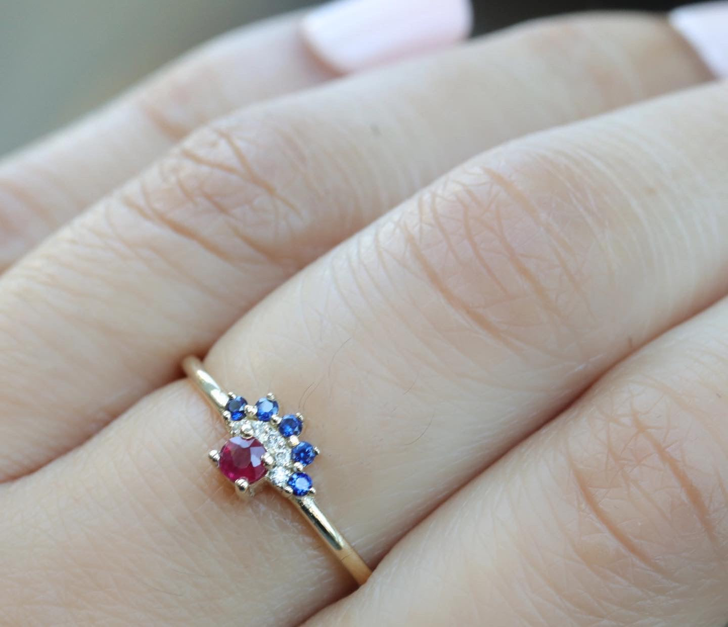 Solid 14k gold fan ring with ruby, sapphire and diamond