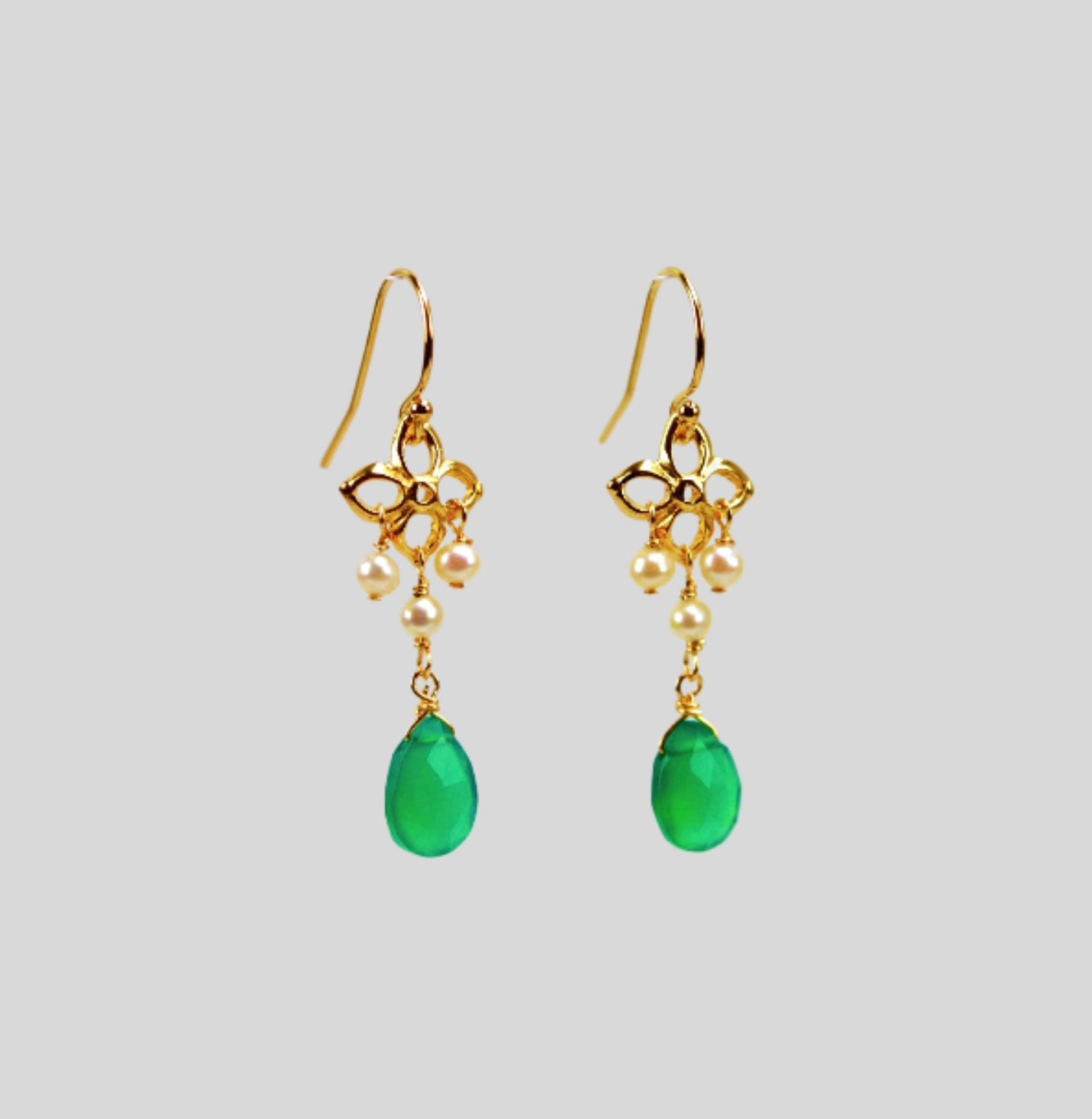 Four Petal Chandelier Earrings with Baby Pearls and Green Onyx
