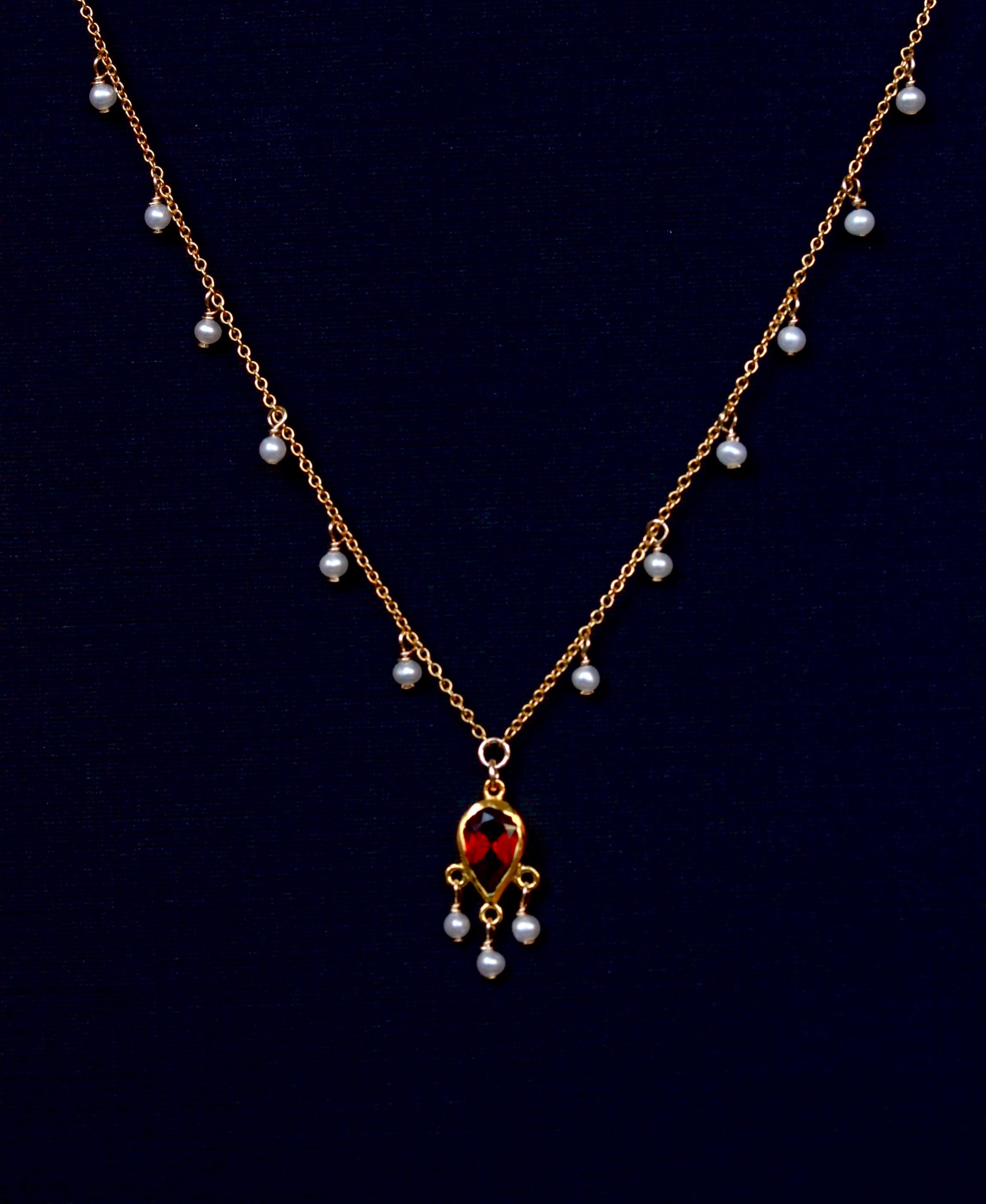 Garnet Teardrop Necklace with Seed Pearls