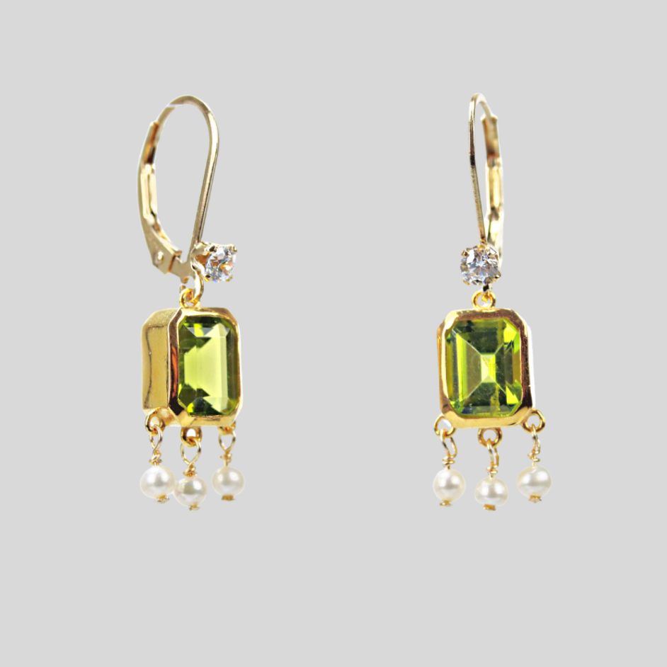 Emerald cut gemstone chandelier earrings with seed pearls