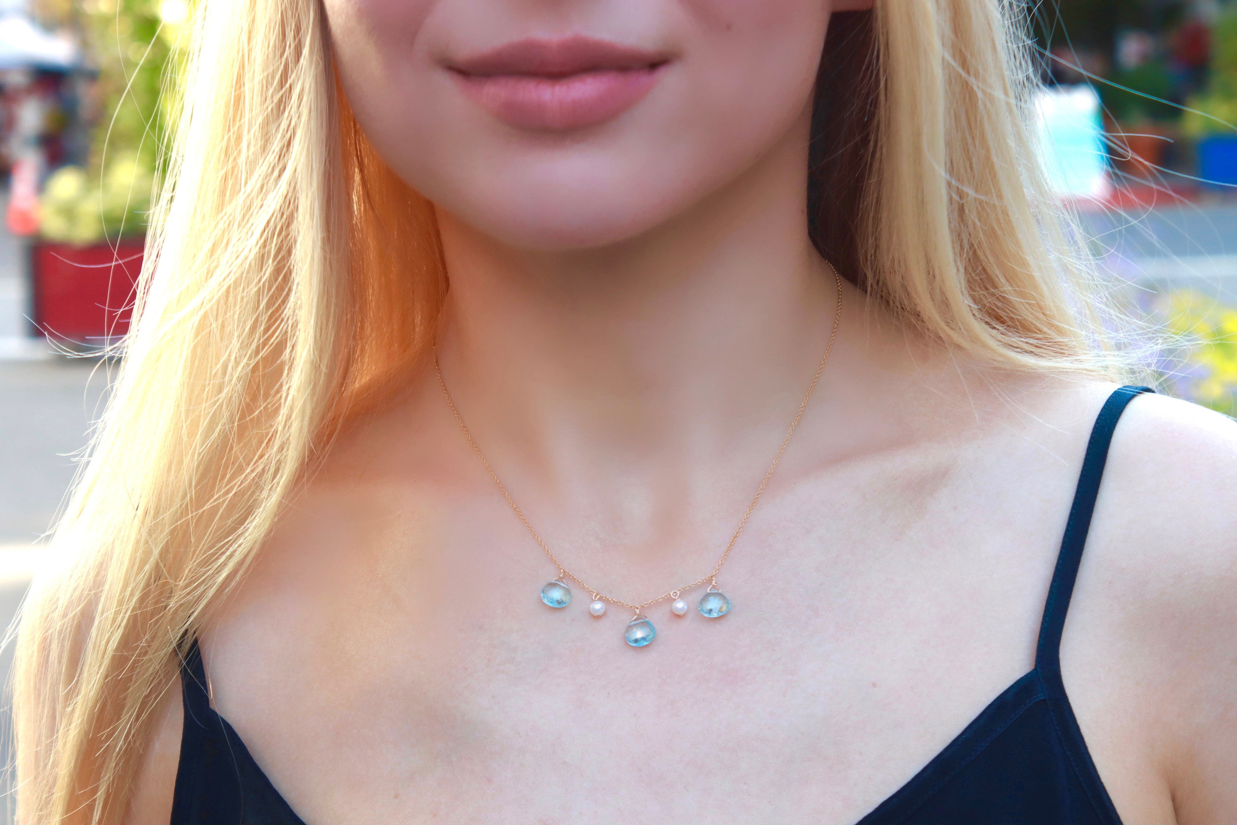 Blue topaz briolette and pearl necklace