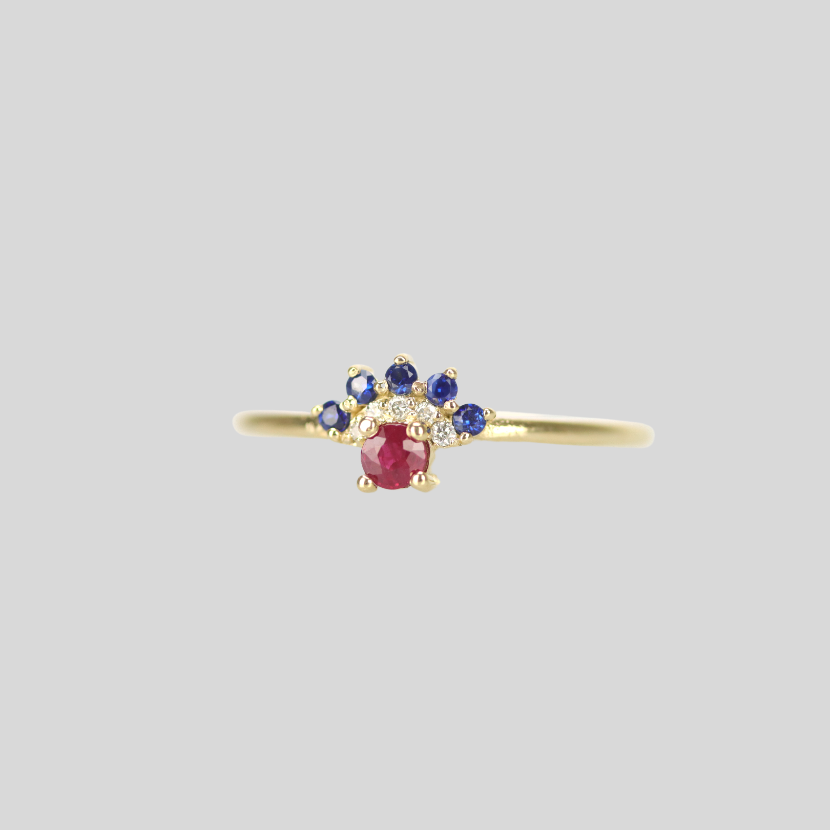 Solid 14k gold fan ring with ruby, sapphire and diamond
